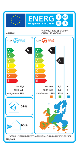 Condizionatore Ariston PRIOS R32 quadri split 12000+12000+12000+12000 BTU inverter A++ unità esterna 10,6 kW