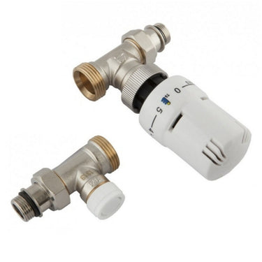Kit termostatico Ercos con valvola termostatica e detentore diritti allacci 1/2" per radiatori