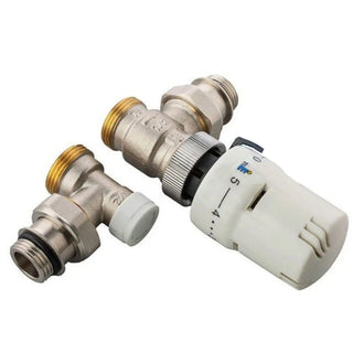 Kit termostatico Ercos con valvola termostatica e detentore a squadra allacci 3/8" m per radiatori Ercos