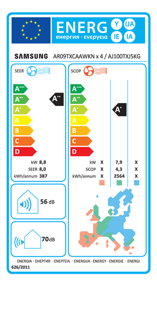 Condizionatore Samsung Cassetta Windfree 4 vie penta split 9000+9000+9000+9000+9000 BTU inverter A++ unità esterna 10,0 kW
