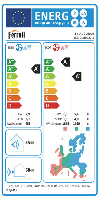 Condizionatore Ferroli Giada trial split 9000+12000+12000 BTU inverter A+ wifi unità esterna 7.9 kW