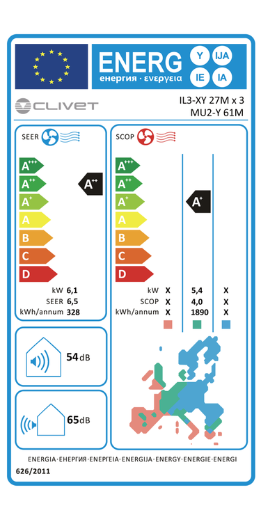 Condizionatore canalizzabile Clivet DUCT 2 trial split 9000+9000+9000 BTU inverter A++ unità esterna 6.2 kW