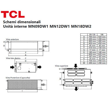 Condizionatore TCL Canalizzabile Serie D 12000 BTU R32 Inverter WiFi A++/A+